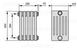 Схема (чертеж) Радиатор Zehnder Charleston 6045/5 №1270 Белый глянцевый RAL 9016